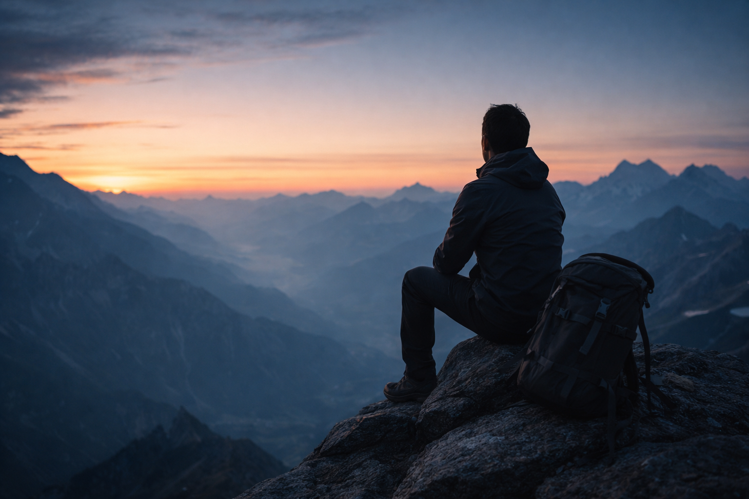 Strategische Klarheit – Mann blickt bei Sonnenaufgang über Berglandschaft
